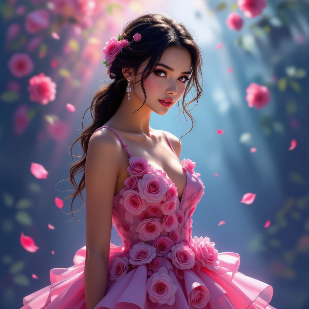 Girl in Intricate Pink Rose Dress