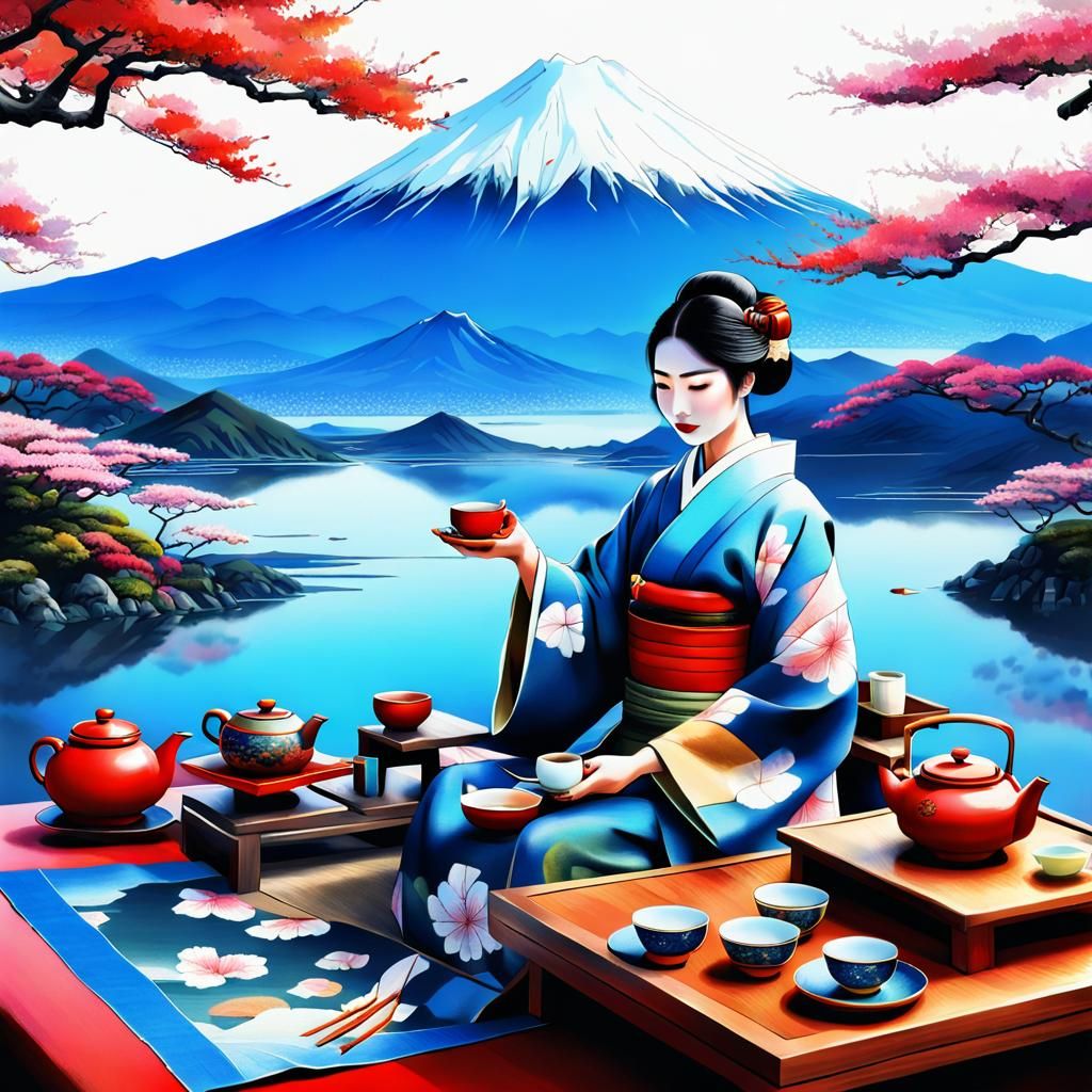 Japanese Tea Ceremony Digital Painting with Mt. Fuji