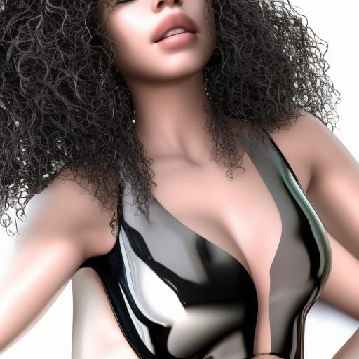 Hyperrealistic Woman in Latex Swimsuit with Curly Hair