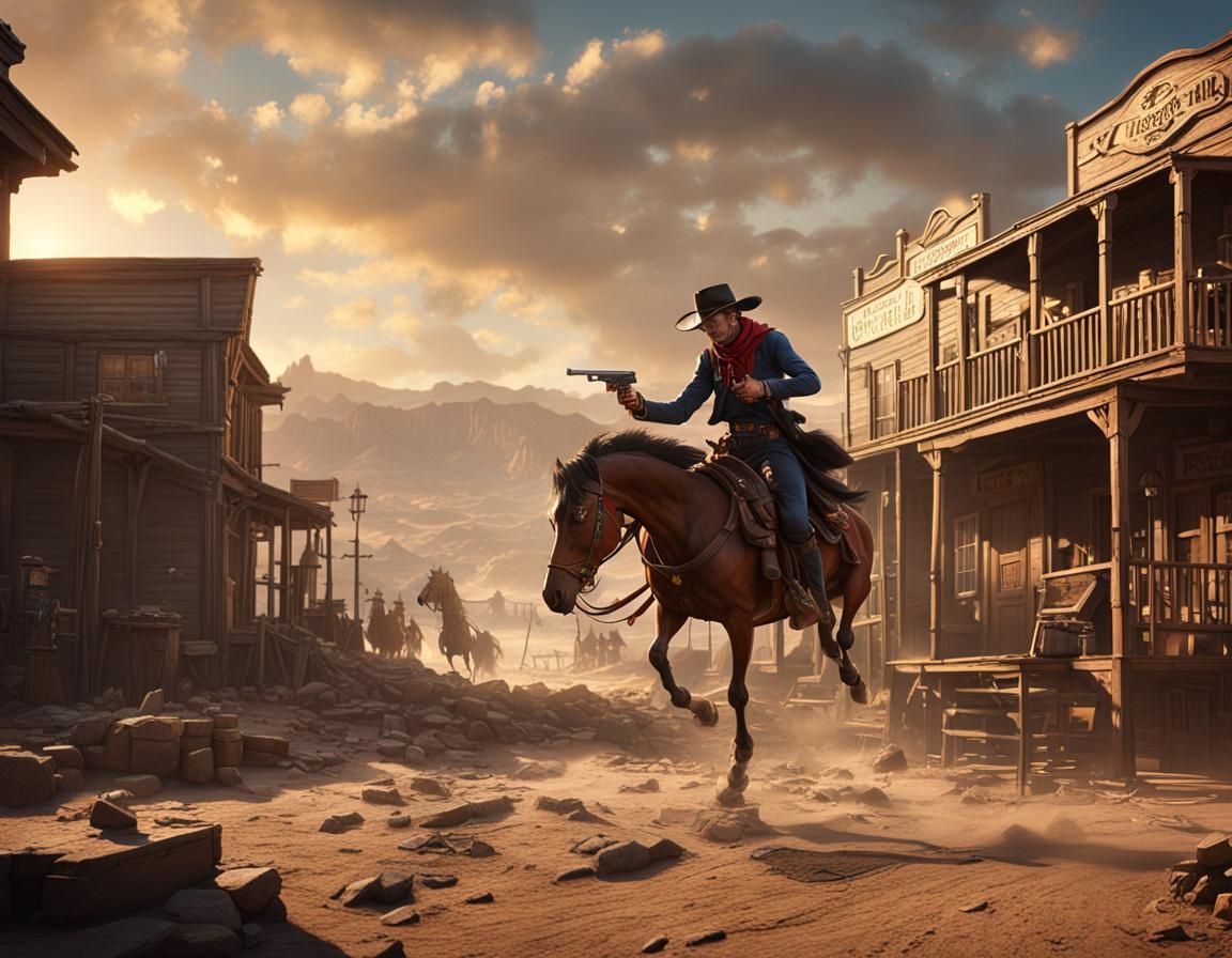 Lucky Luke and Cowboy Duel in Western Town