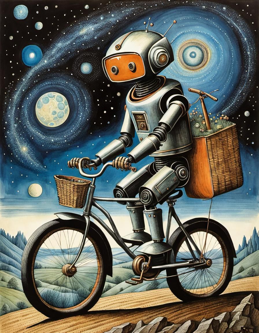 Cyborg Robot Rides Bike in Surreal Galaxy Art