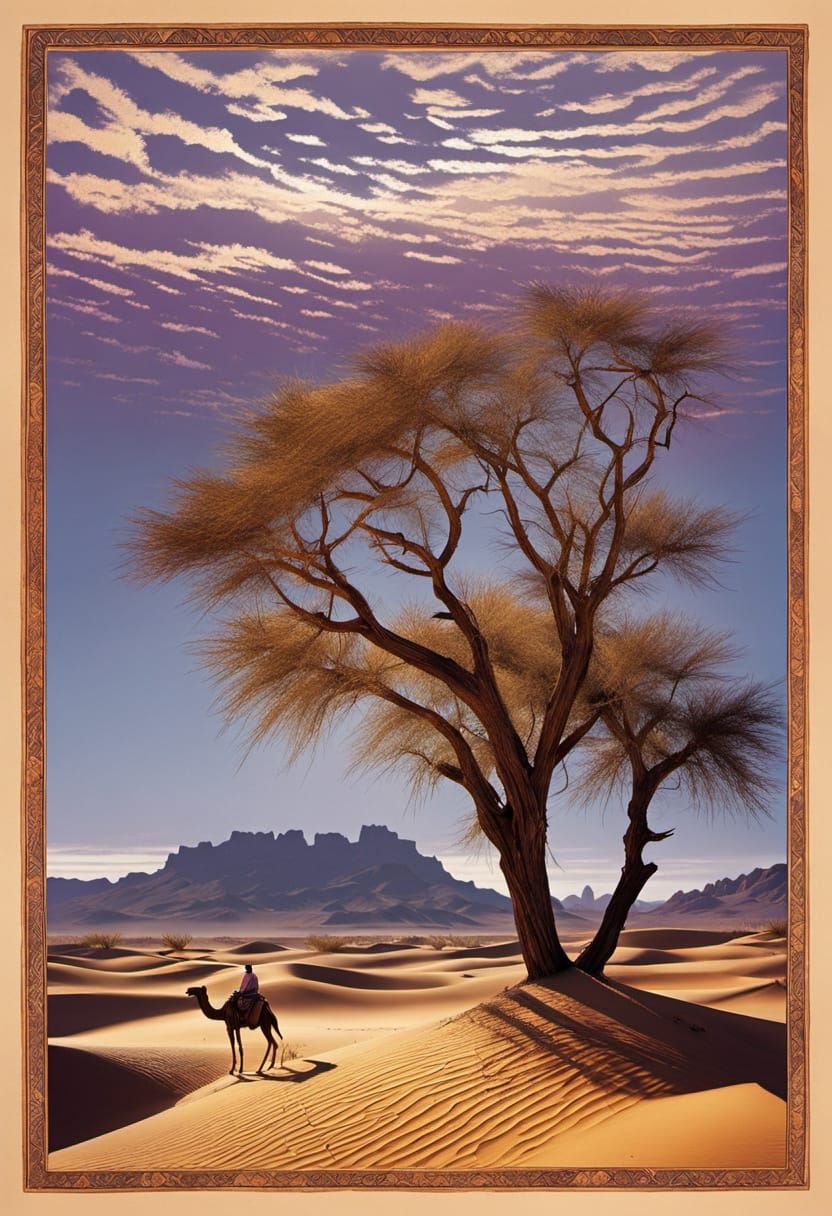 Golden Hour in Desert Landscape with Dunes