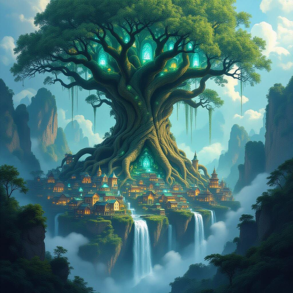 Ancient Tree Village in Epic Fantasy Concept Art