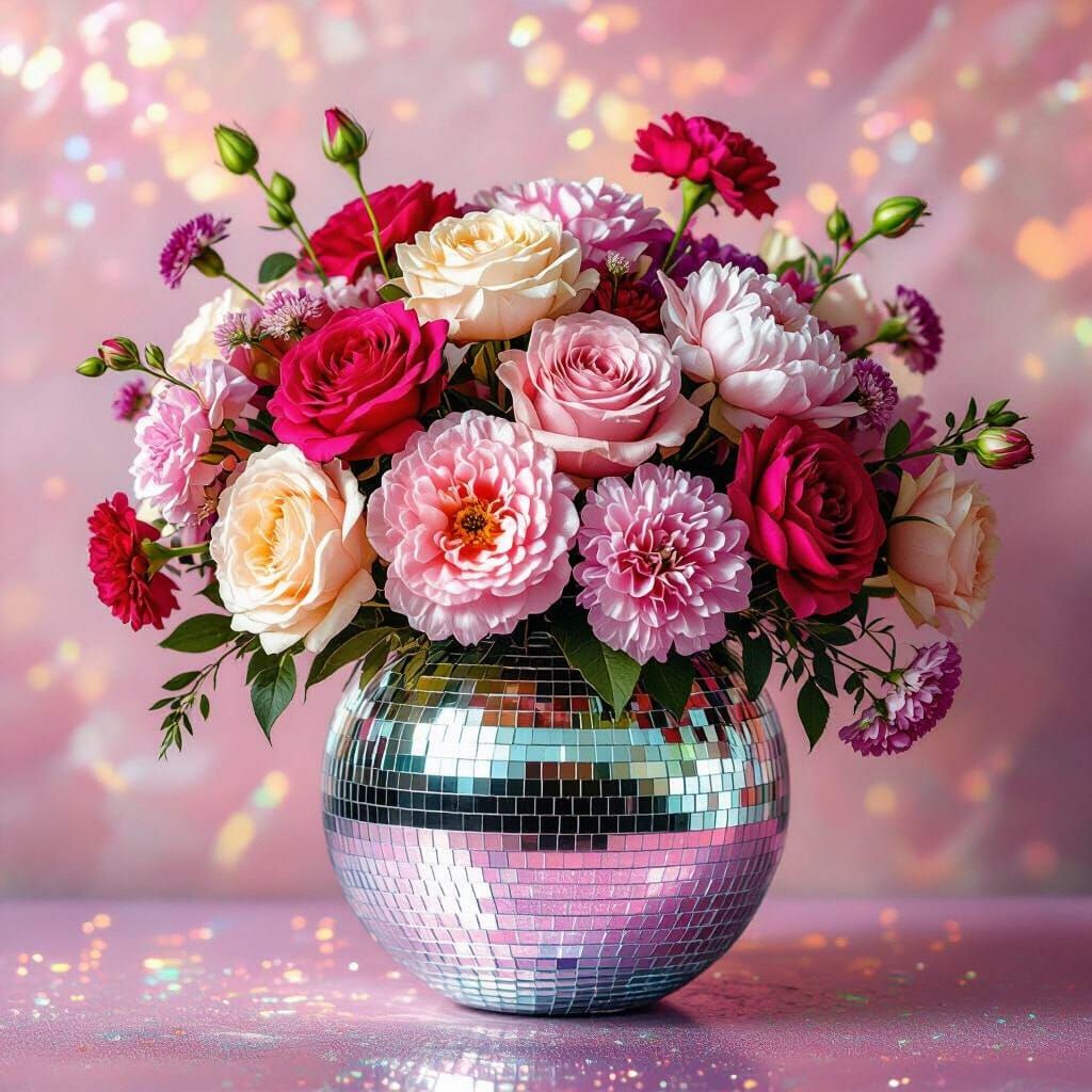 Disco Ball Vase with Floral Bouquet and Glittery Background