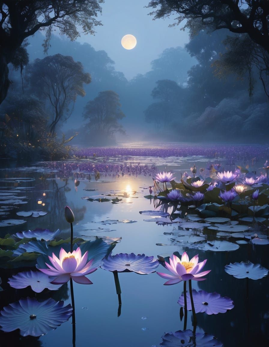 Whimsical Lotus Blossom in Moonlit Pond Scene