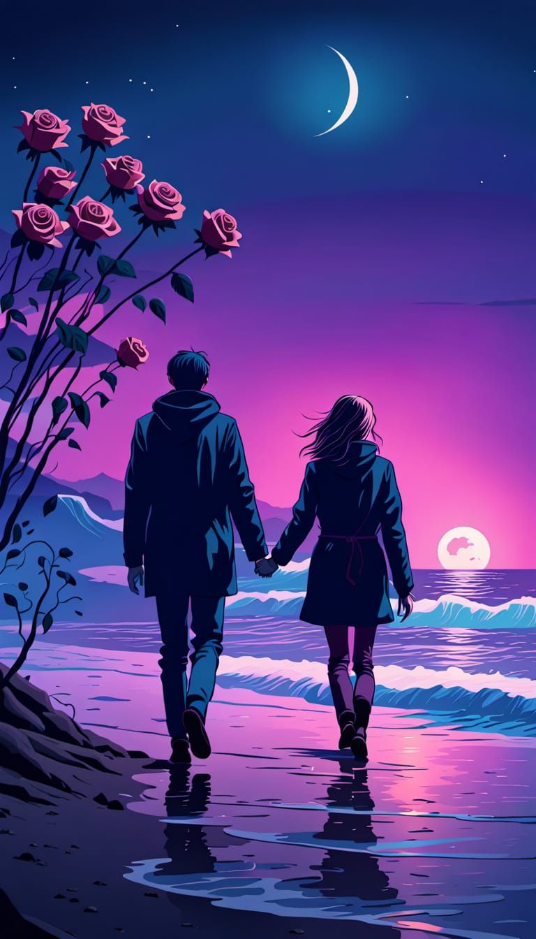 Romantic Moonlit Beach Scene in Simon Stalenhag Style