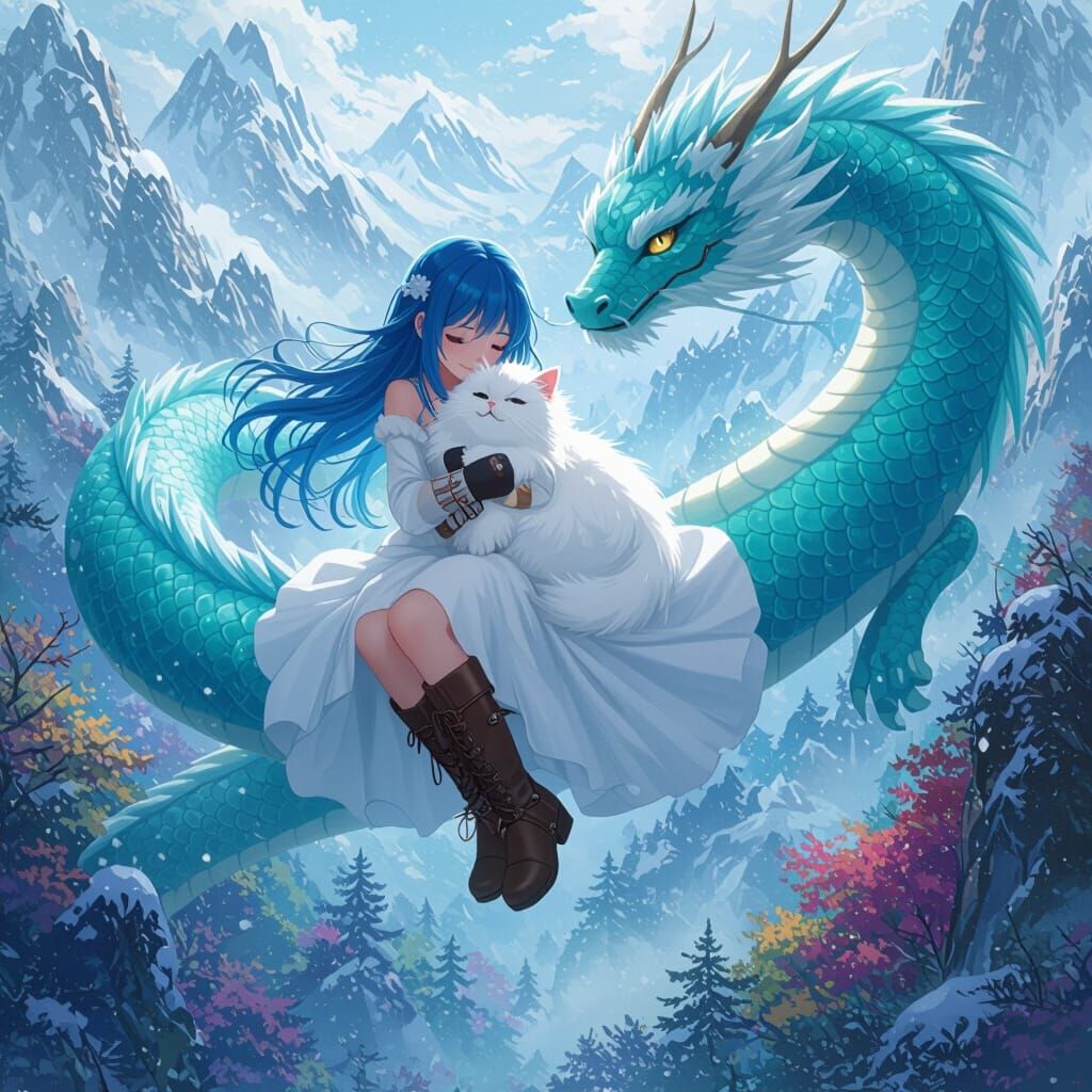 Anime Girl Rides Dragon With Cat Over Misty Forest