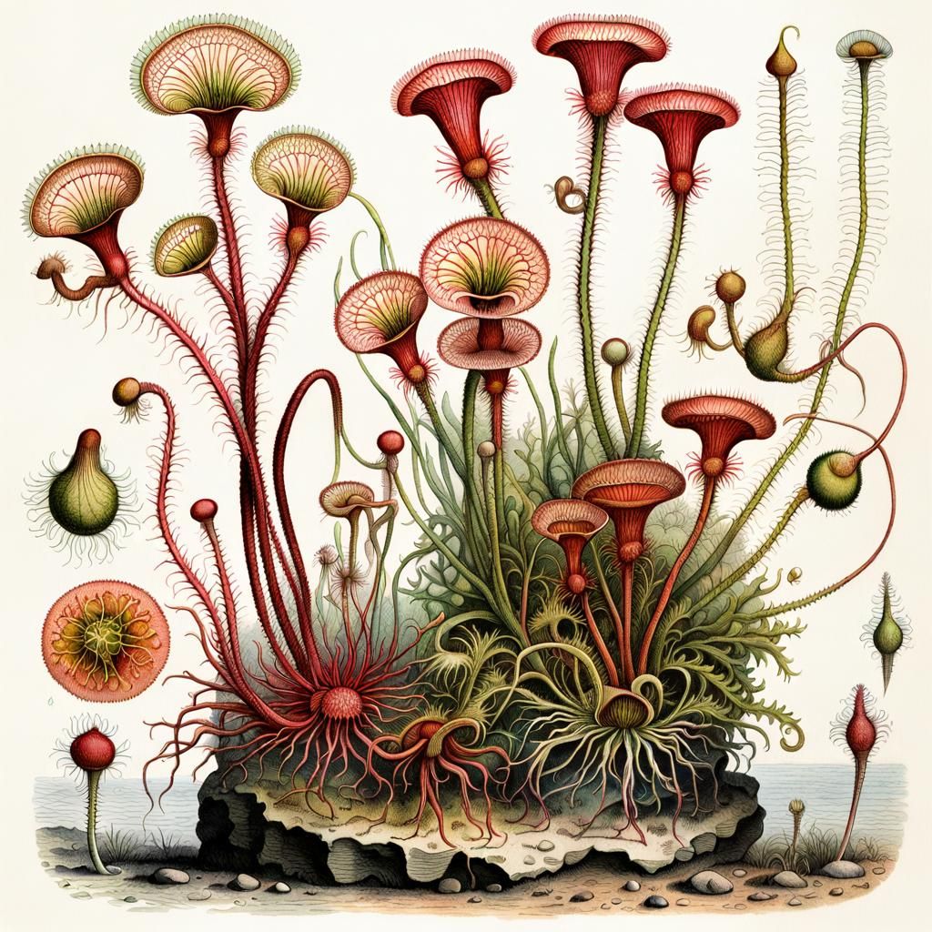 Detailed Ink Drawing of a Roundleaf Sundew