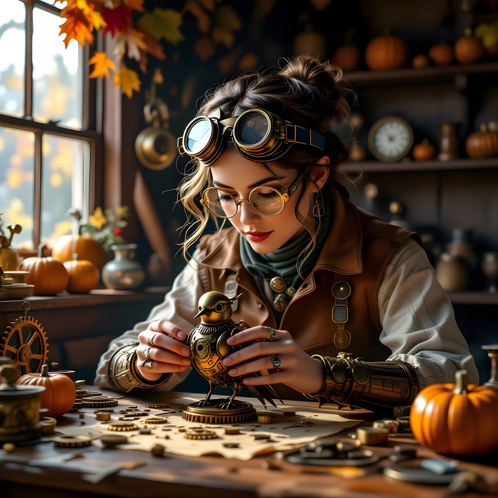 Steampunk Inventor Repairs Automaton Bird in Autumn Workshop
