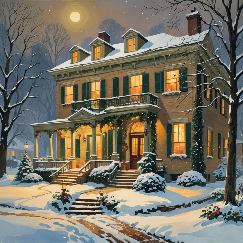 Christmas Mansion in Gouache Style