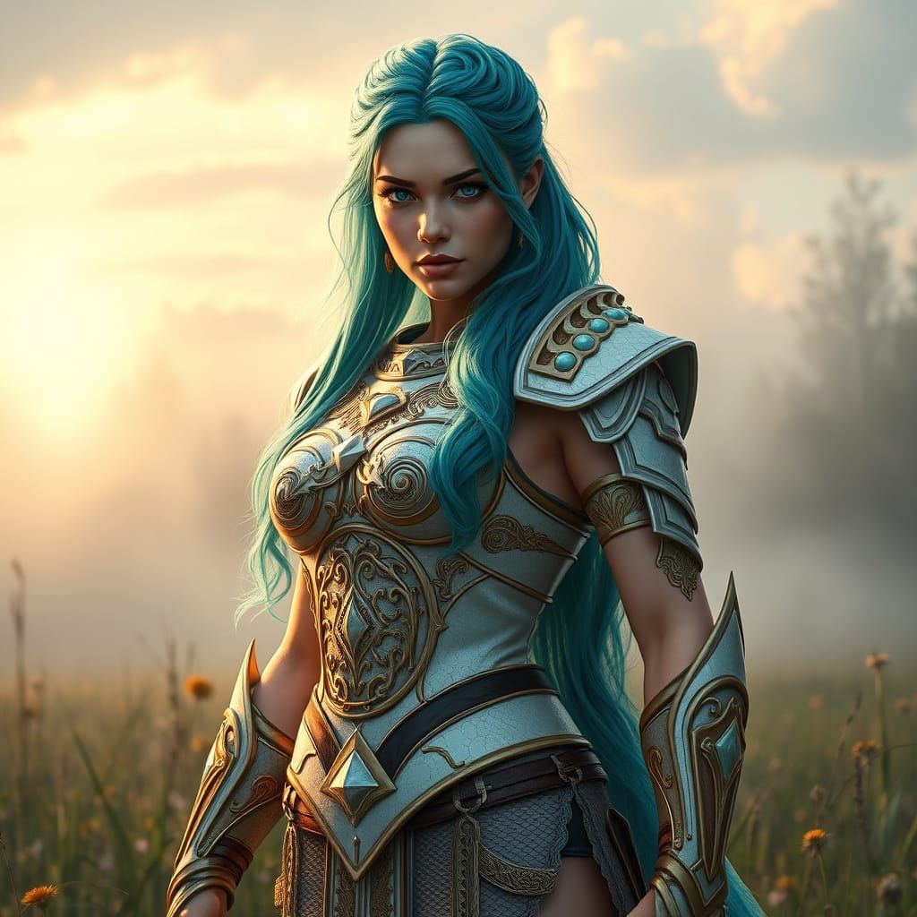 Vibrant Turquoise Valkyrie in Lush Dawn Landscape