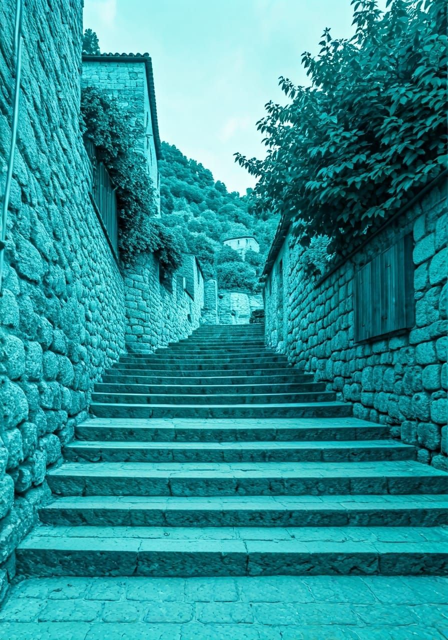 Surreal Turquoise Watercolor Painting of Hillside Pathway
