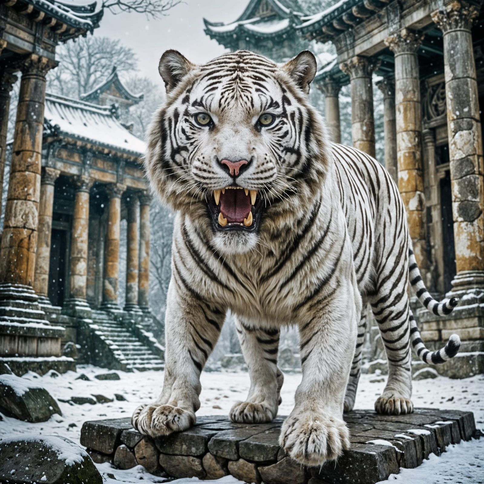 Majestic White Tiger Roars in Ancient Temple Ruins