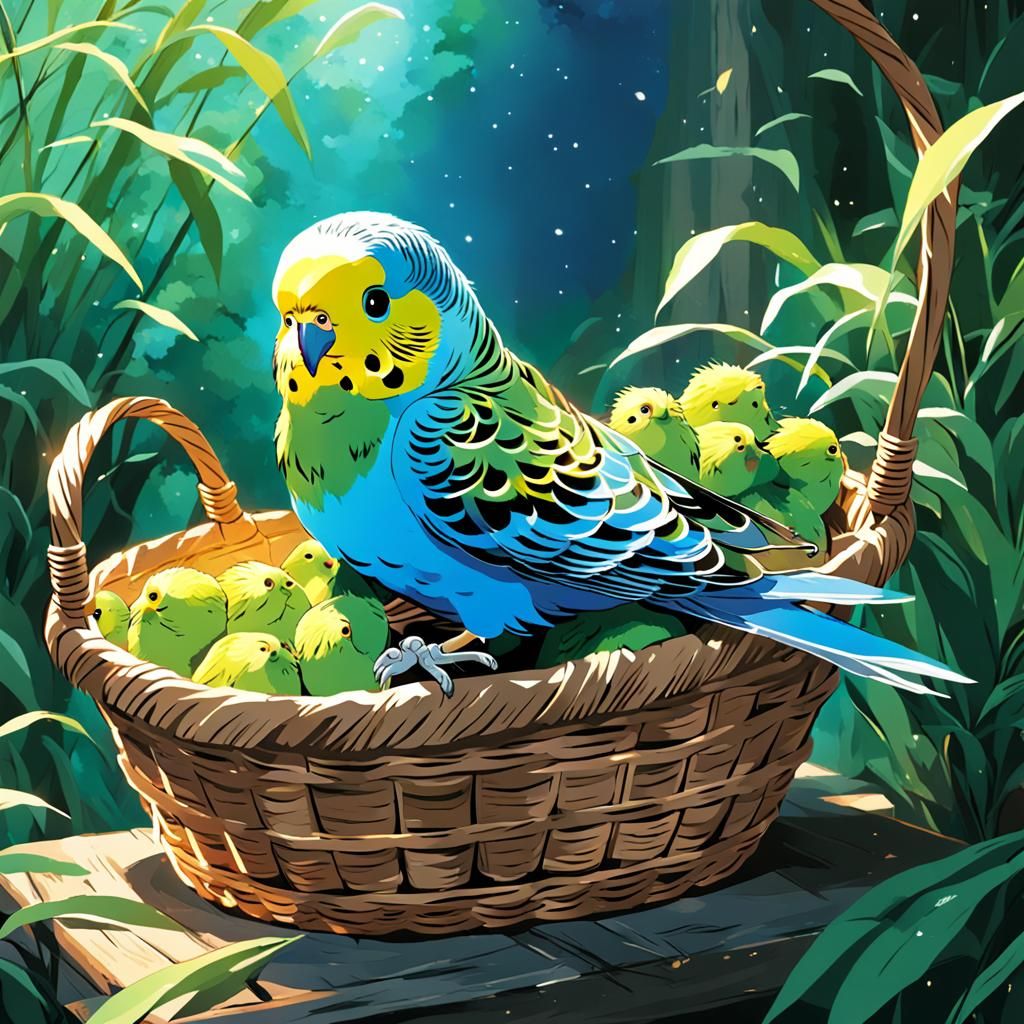 Budgie in Basket: Studio Ghibli Anime Visual