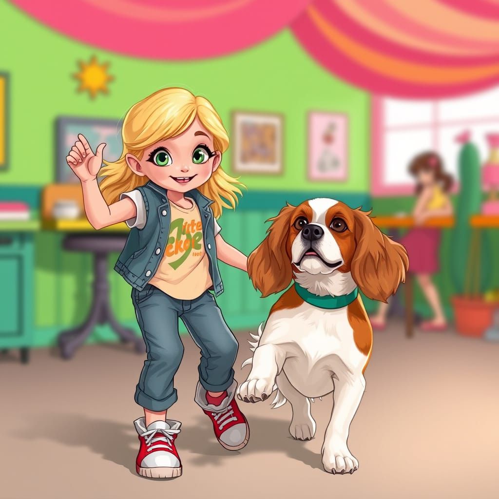 TikToker and Cavalier Dog Dance, Whimsical Digital Art