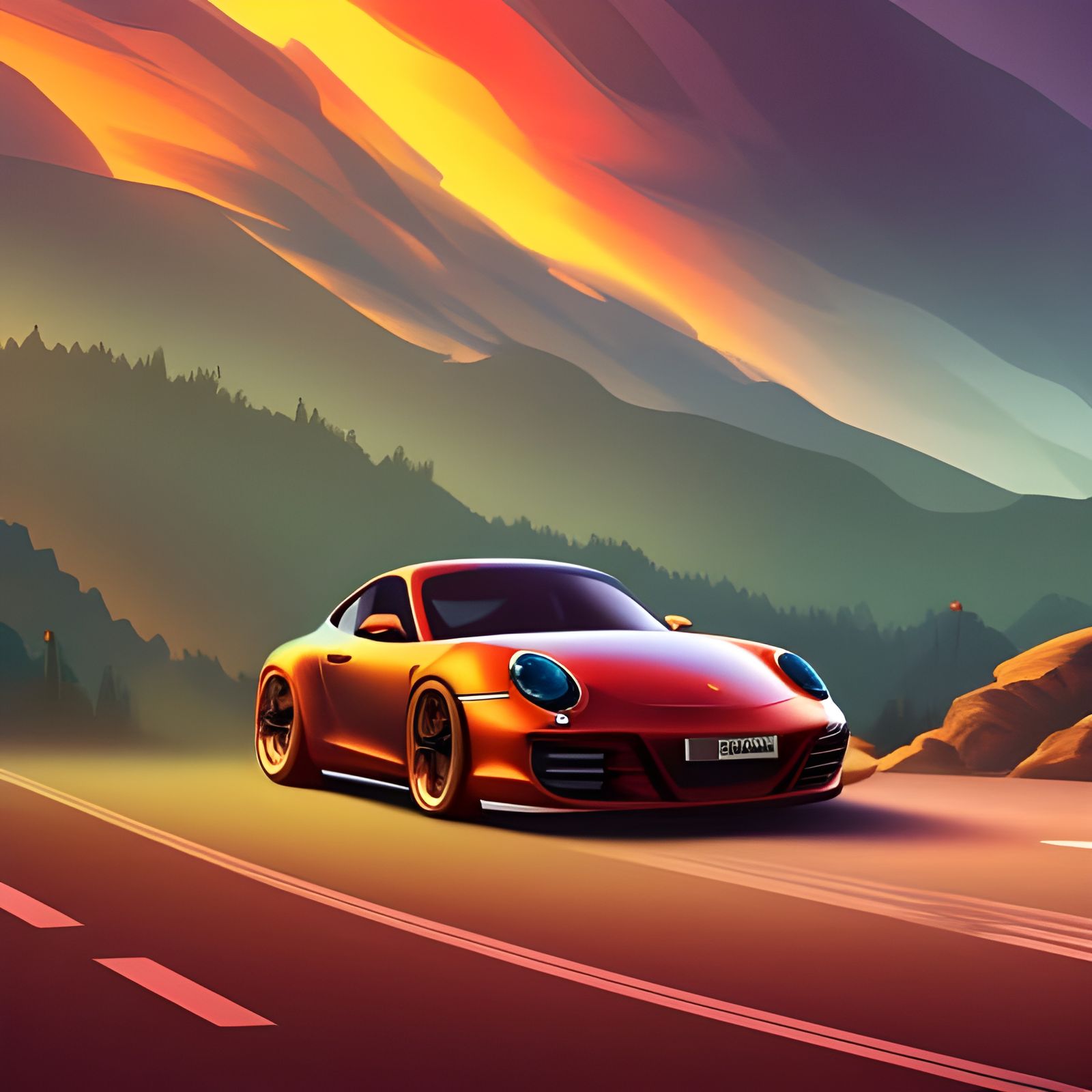 Porsche car parked in edge of mountain while colourful sunset background