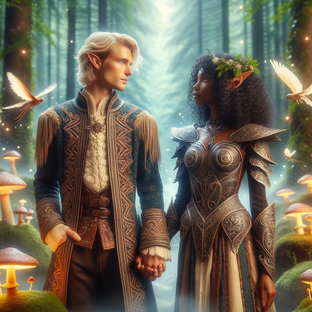 Ethereal Elven Couple in Whimsical Forest