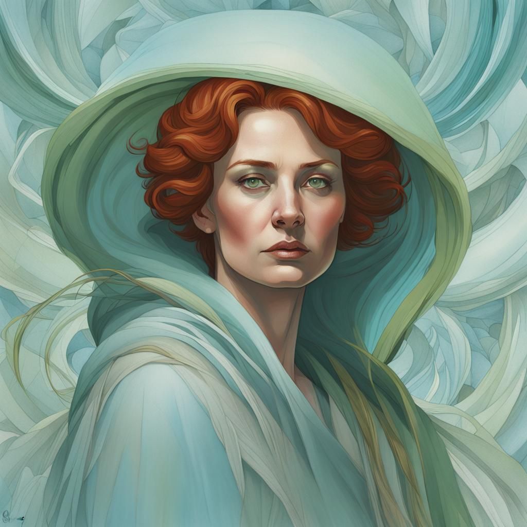 Ethereal Portrait of Slim Mature Woman in Light Blue