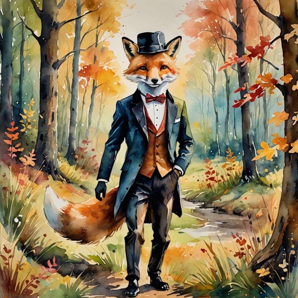 Fox in Tuxedo: Watercolor Painting in Forest