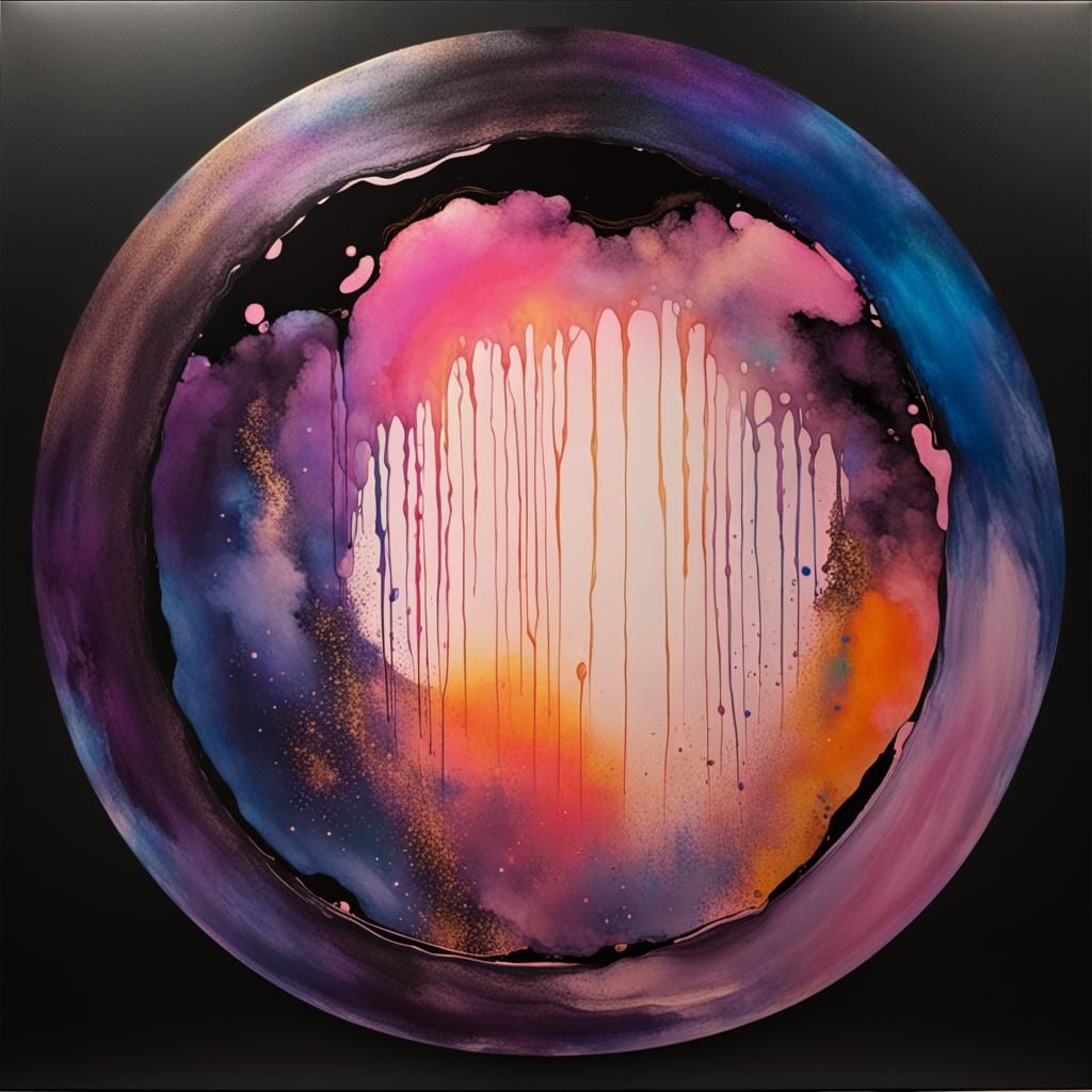 Iridescent Ink Circle with Golden Light Portal