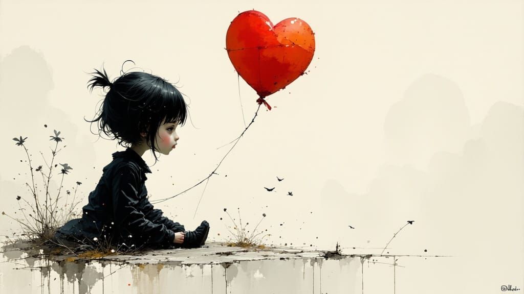 Girl with Red Balloon: Minimalist Charcoal Sketch