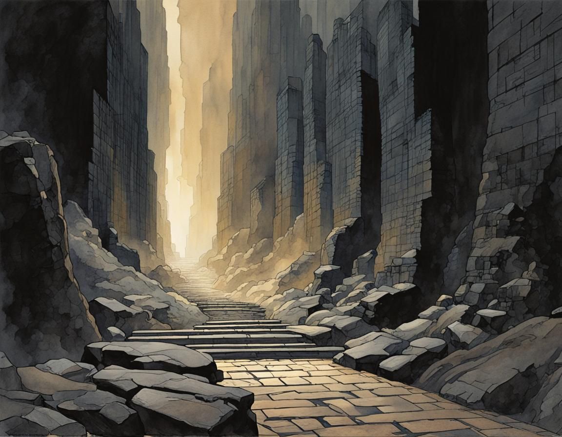 Mystical Dark Alleyway Revealed in Art Deco Watercolor