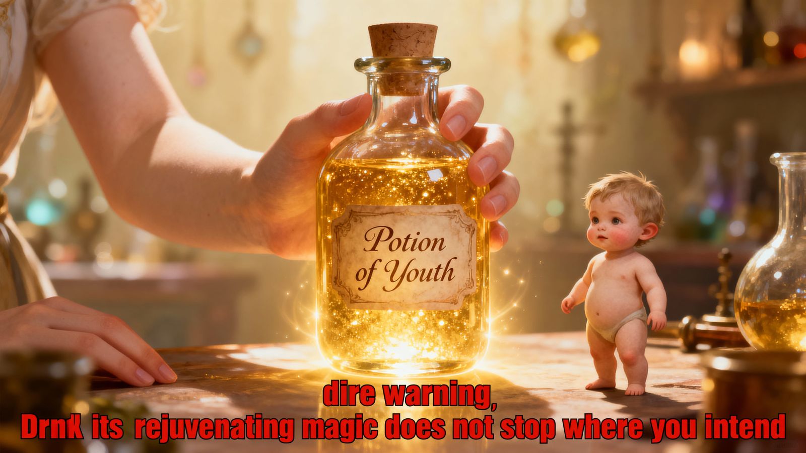 Magical Golden Potion of Youth with a Dire Warning