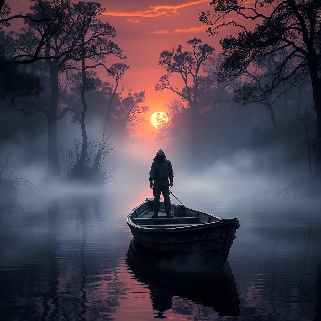 Drifting at Dusk: A Boat in the Misty Everglades at sun set