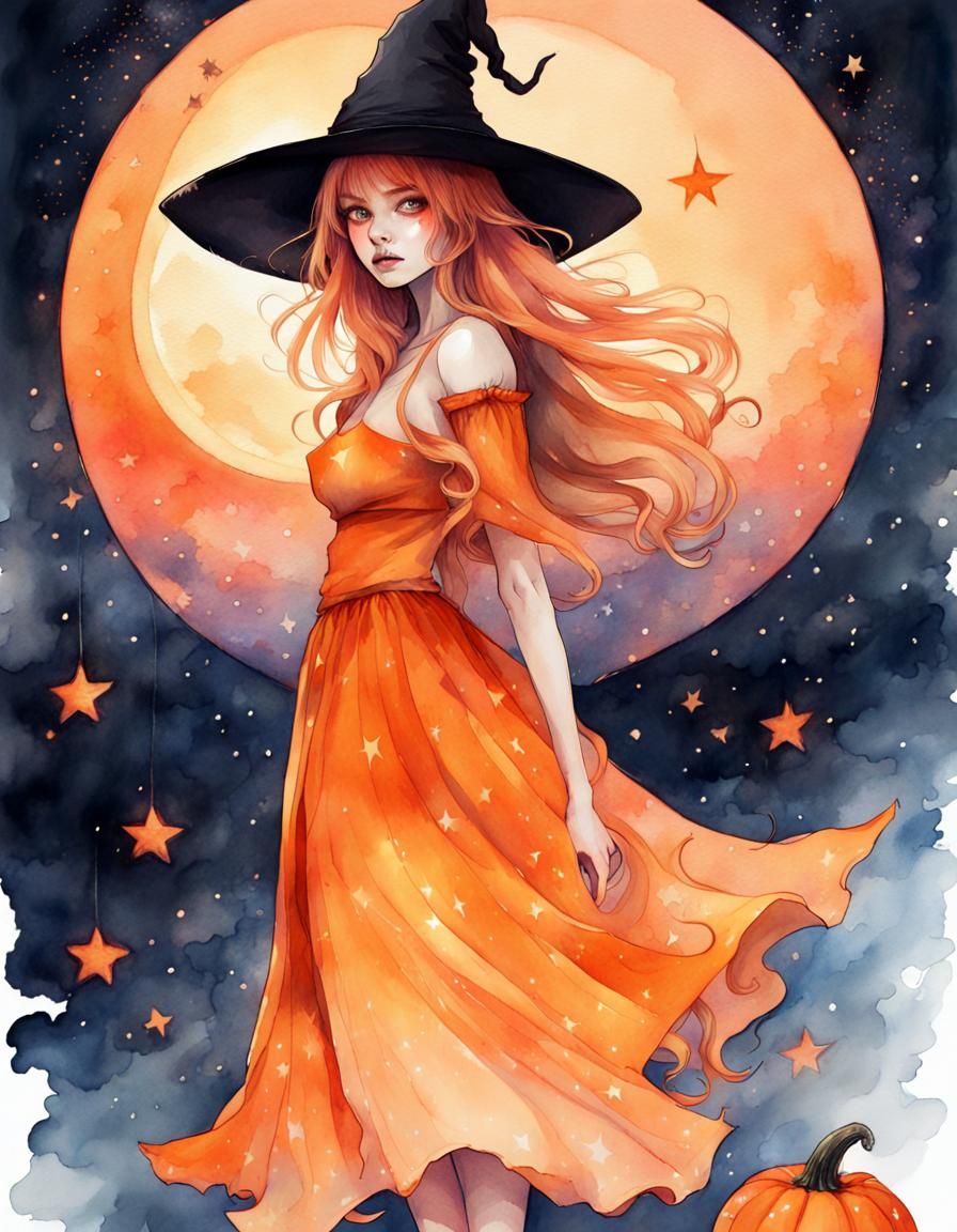 Curvy Witch with Pumpkin and Stars in Watercolor