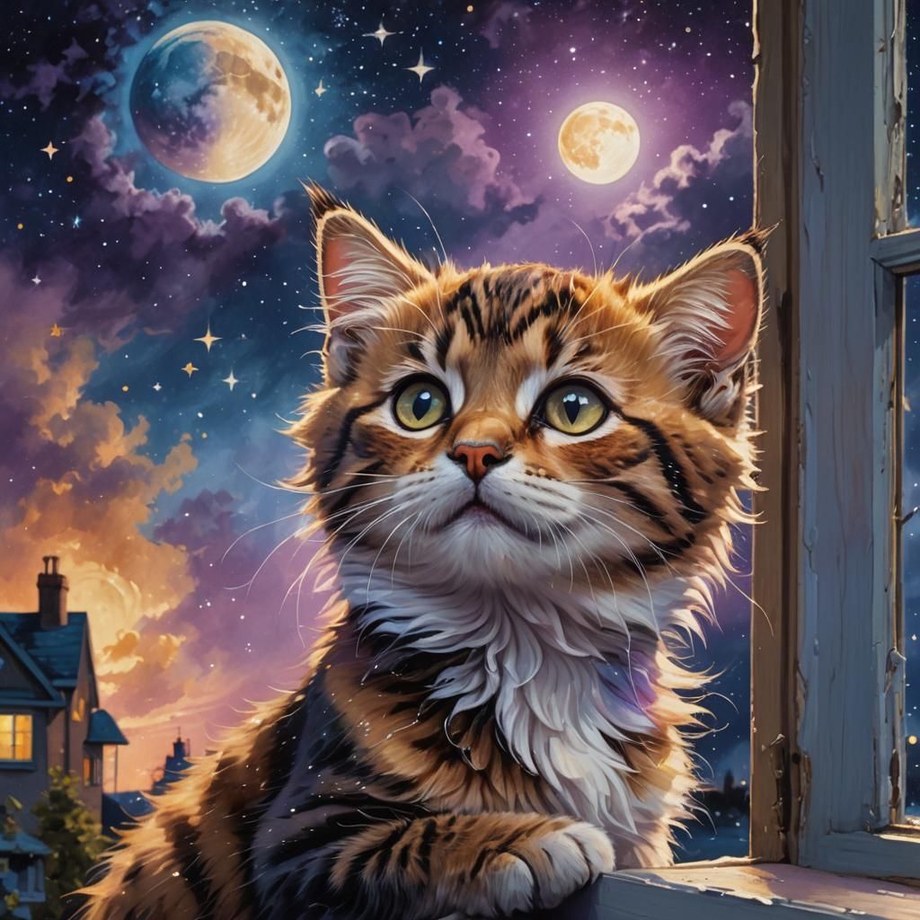Kitten Gazing at Moon: Hyperrealistic Splash Art