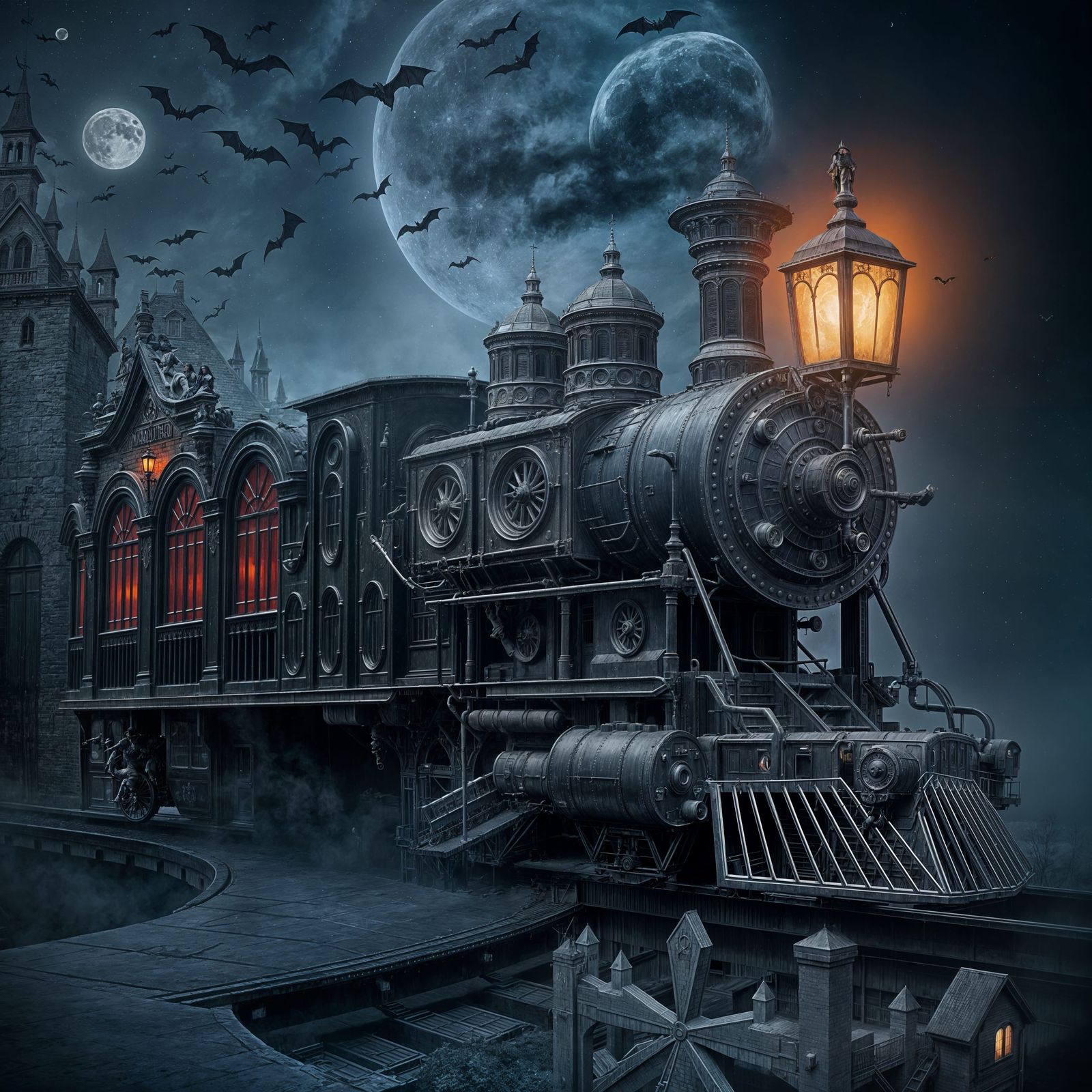 Vampire Train Under Full Moon with Bats