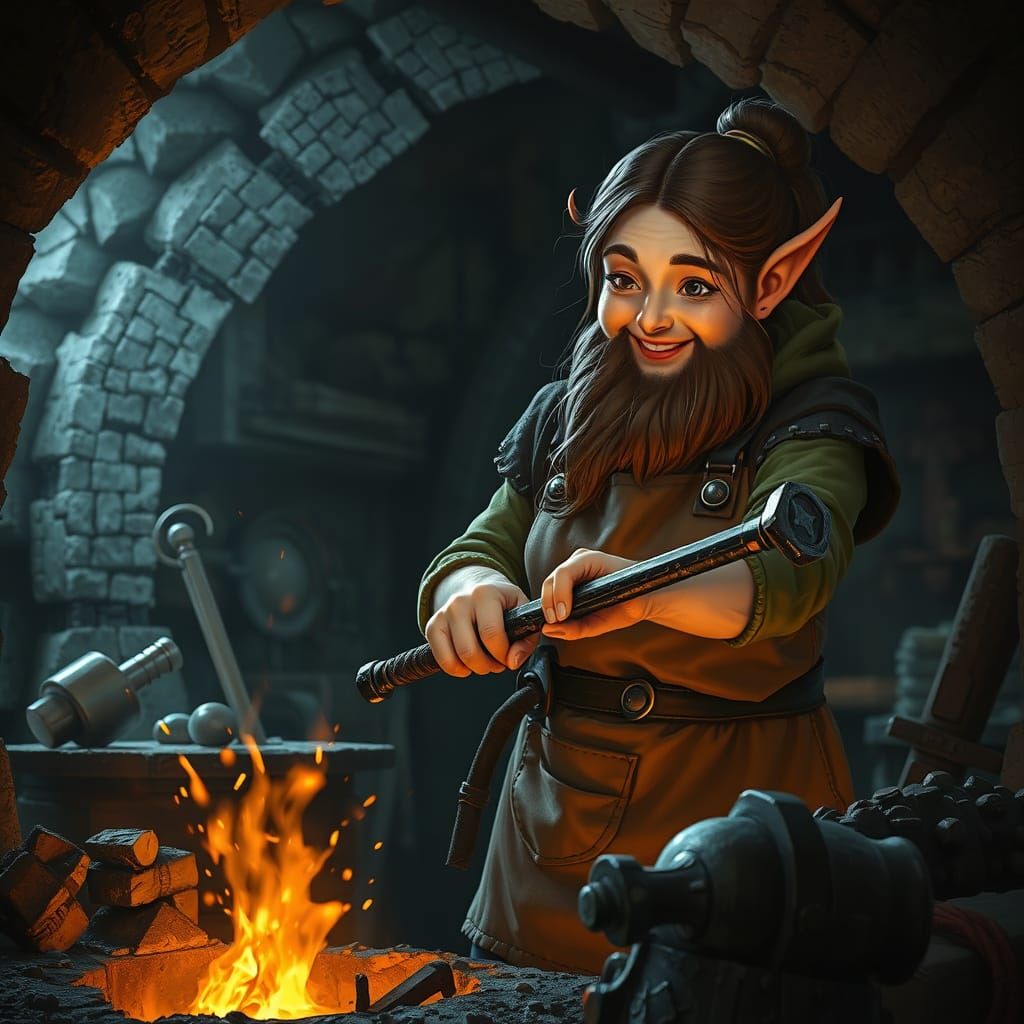 Female Dwarf Blacksmith in Fiery Forge