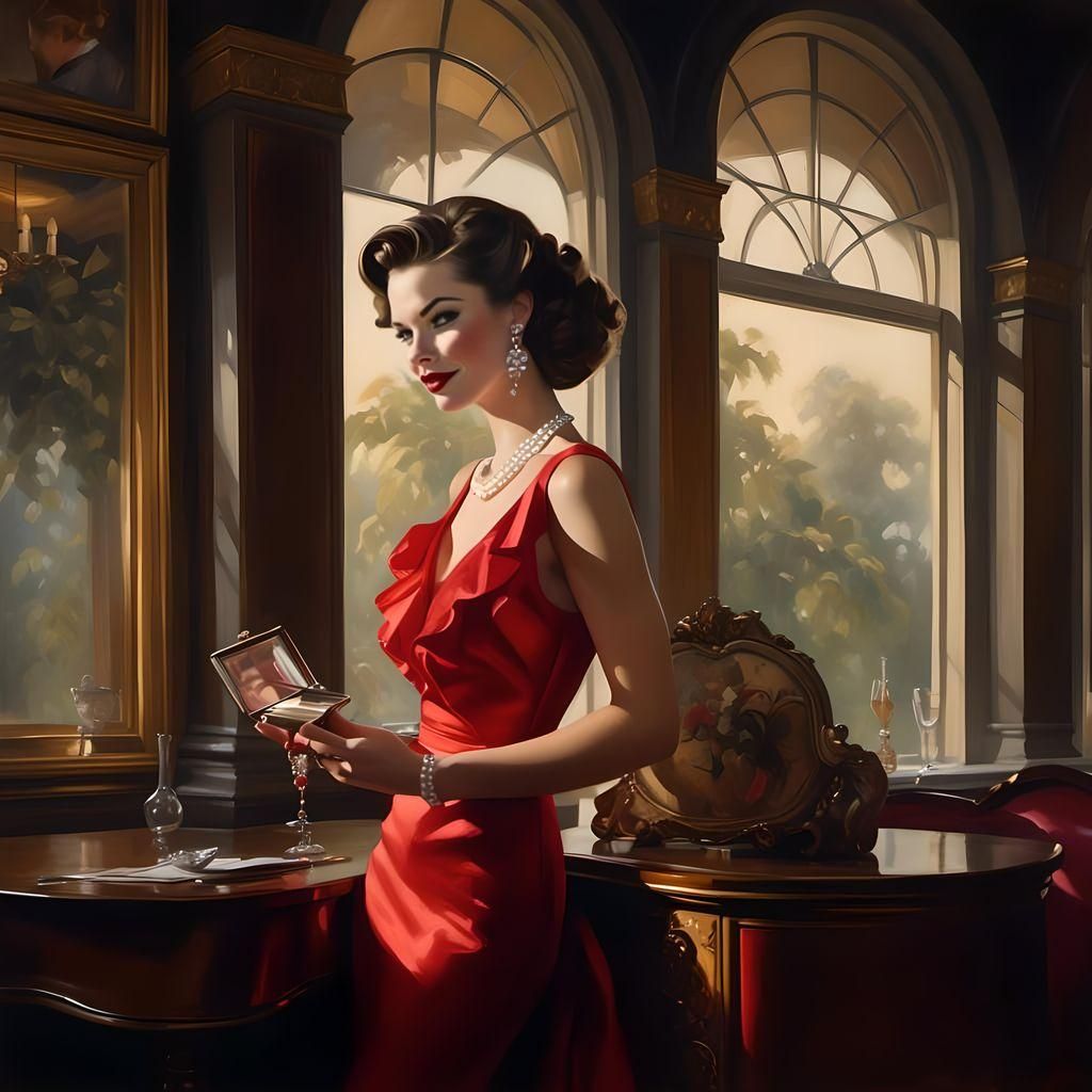 Pinup Brunette in Red Dress with Pearl Accessories
