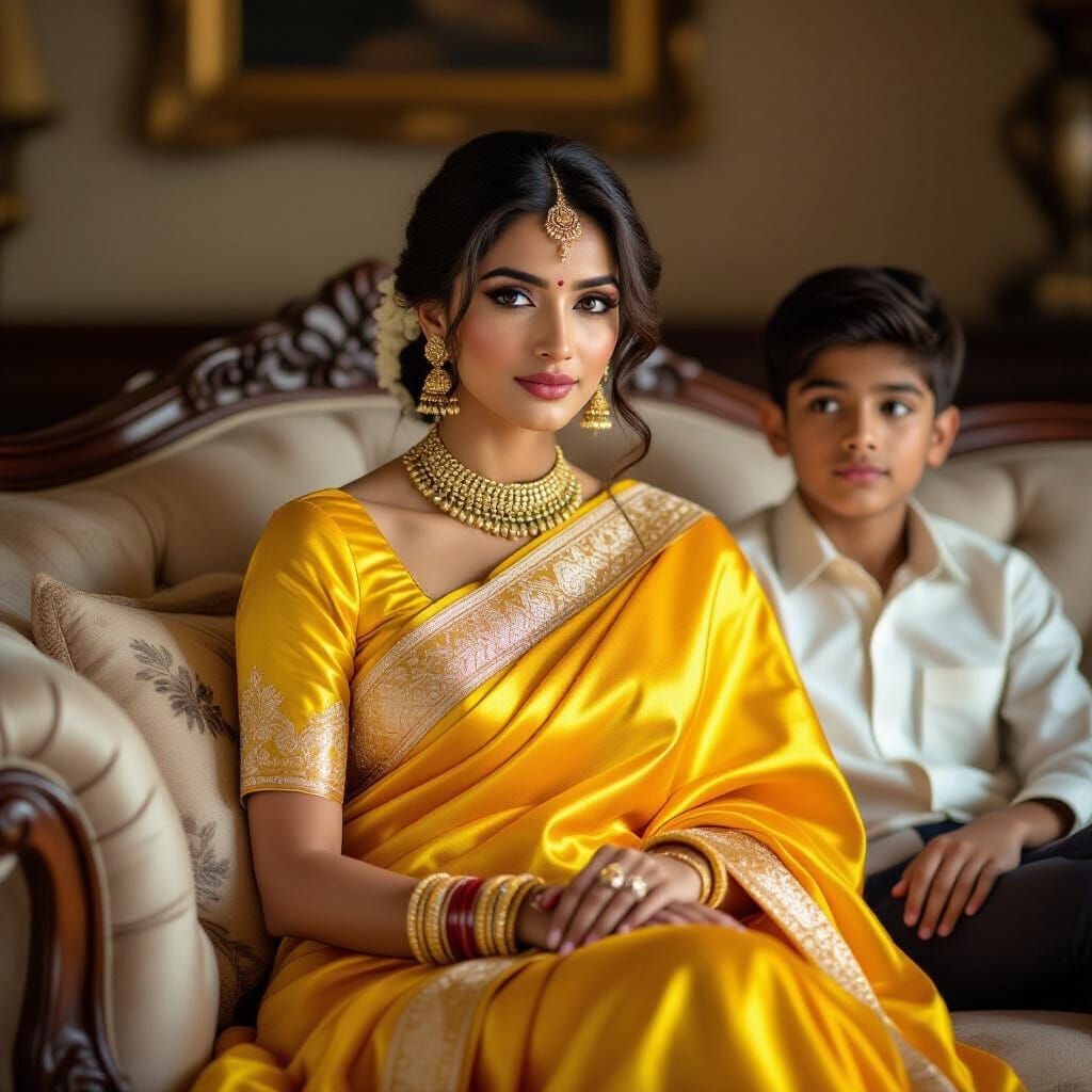 Beautiful Indian Woman in Yellow Sari Posing on Sofa