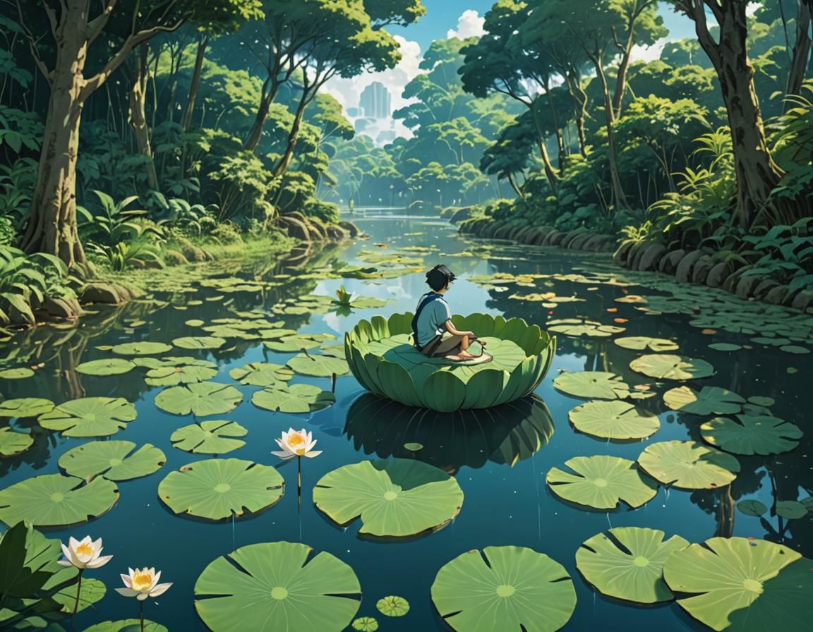 Boy on Lotus Leaf: Ghibli-Style Anime Key Visual