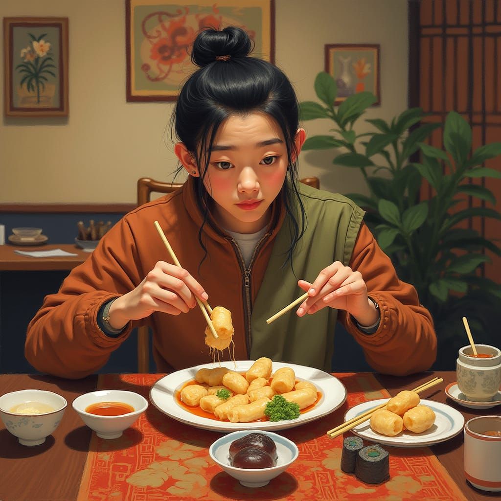 Cozy Dinner Scene with Asian-Inspired Cuisine