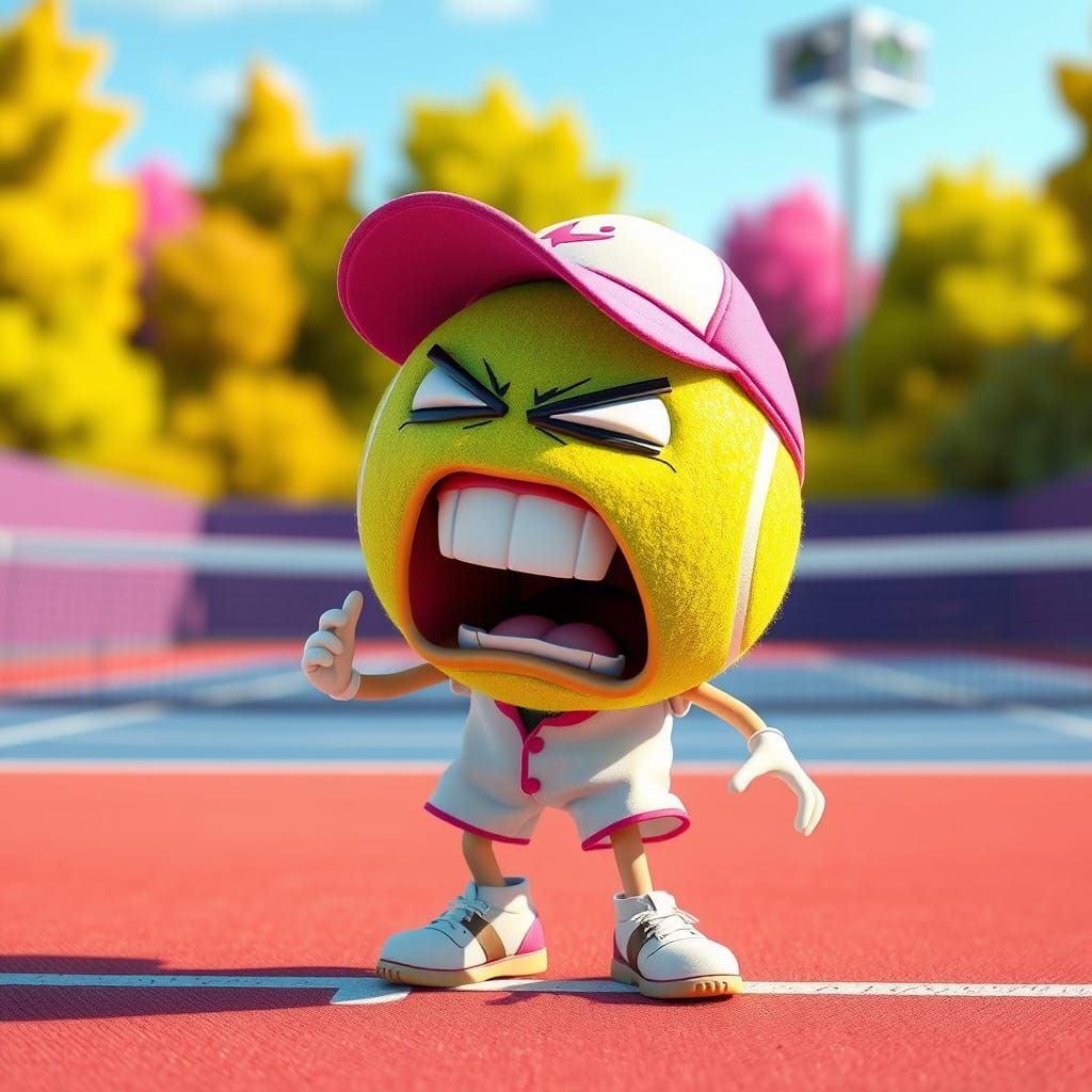 Scared Tennis Ball Character in Pixar Style