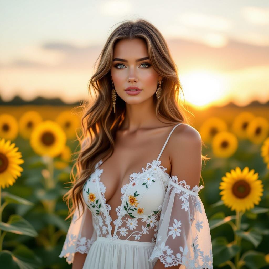 Golden Haired Woman in Sunflower Field, Art Nouveau Style