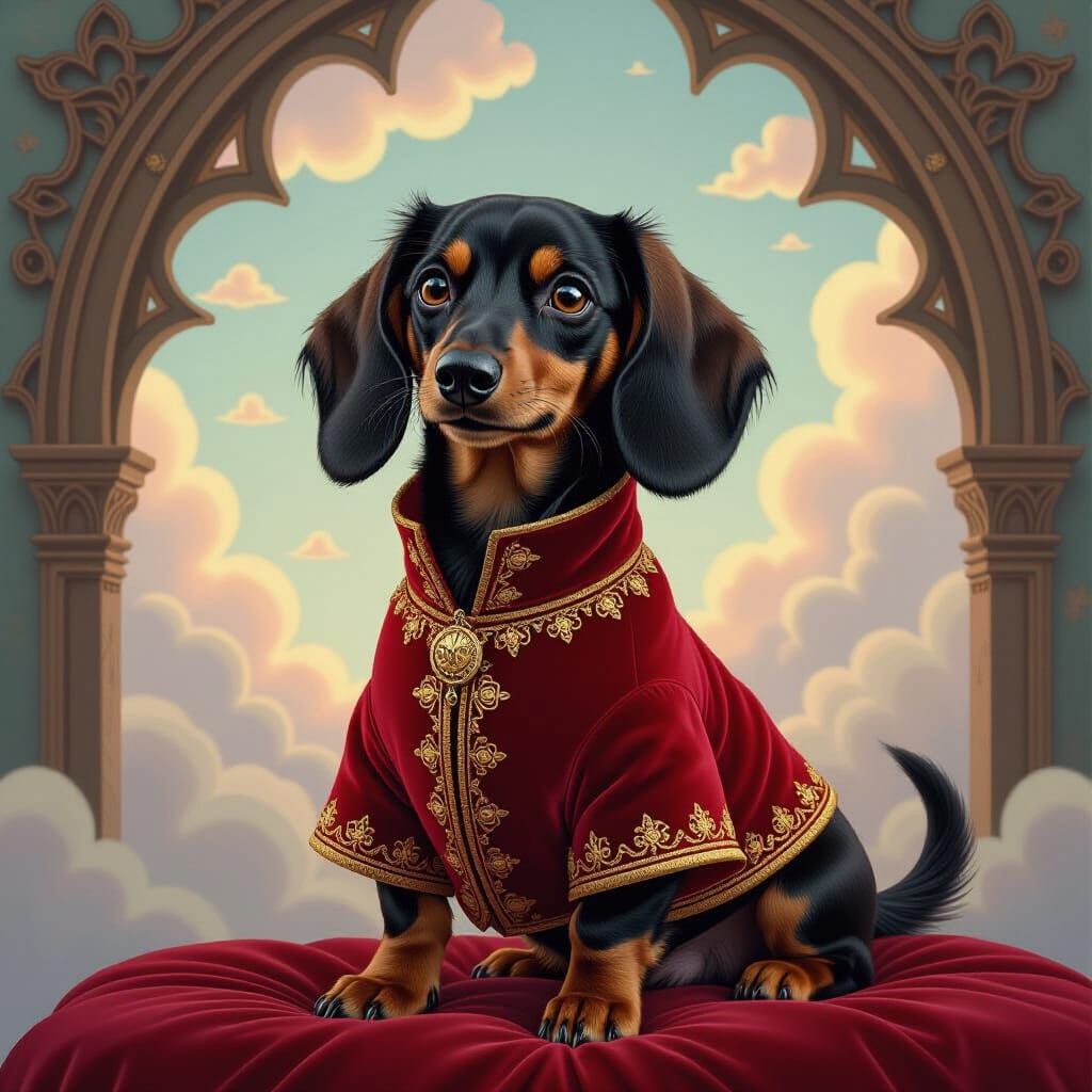 Dachshund in Crimson Velvet Coat, Dreamlike Portrait