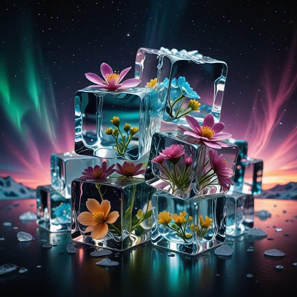 Ethereal Holographic Ice Cubes in Hyperrealistic Vogue Style