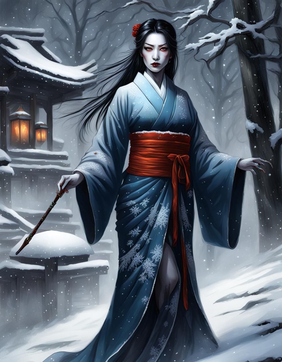 Yuki-Onna in Kimono: Dark Fairytale Digital Art