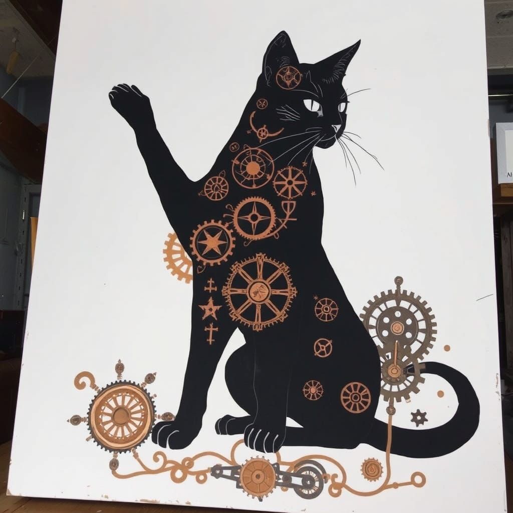 Steampunk Cat Silhouette with Copper Filigree