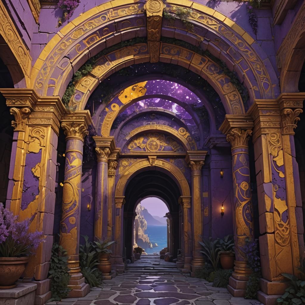 Psychedelic Dark Fantasy Scene Through Greek Arch