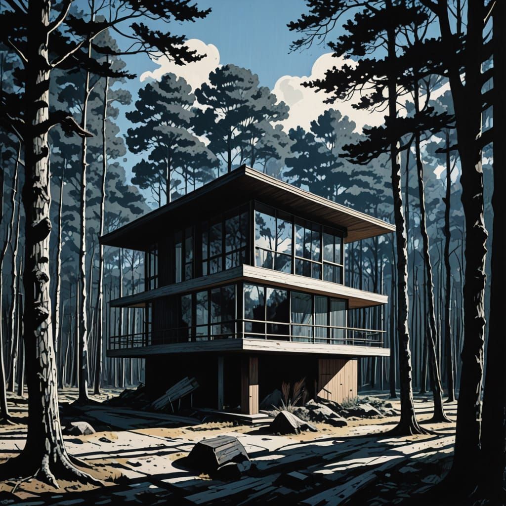 Surreal Bauhaus Cabin in Monochromatic Linocut Style
