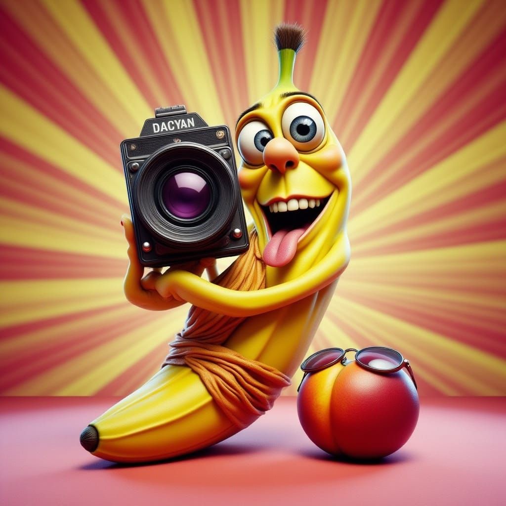 A cartoon Banana with  a big old camera <lora:-Lunatic-:1.0>...
