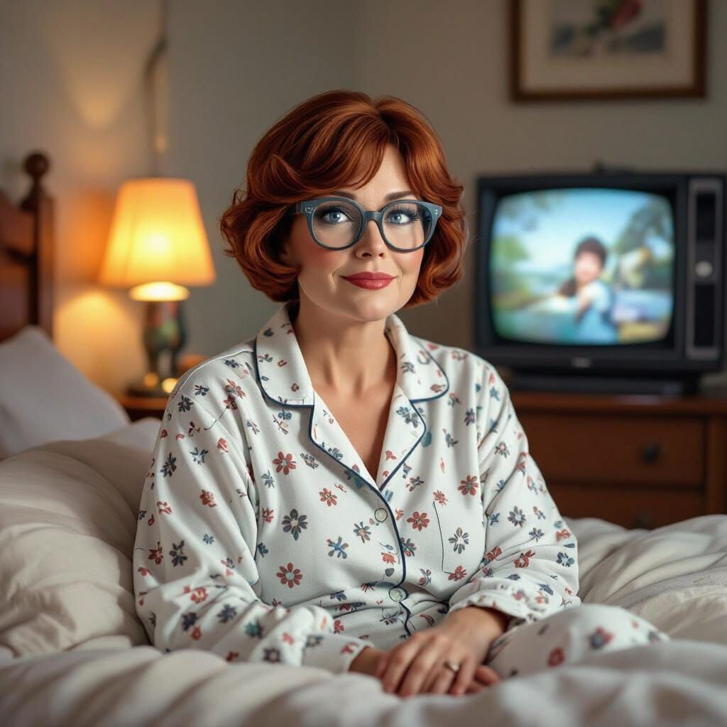 Woman with Red Bob and Freckles Watches TV