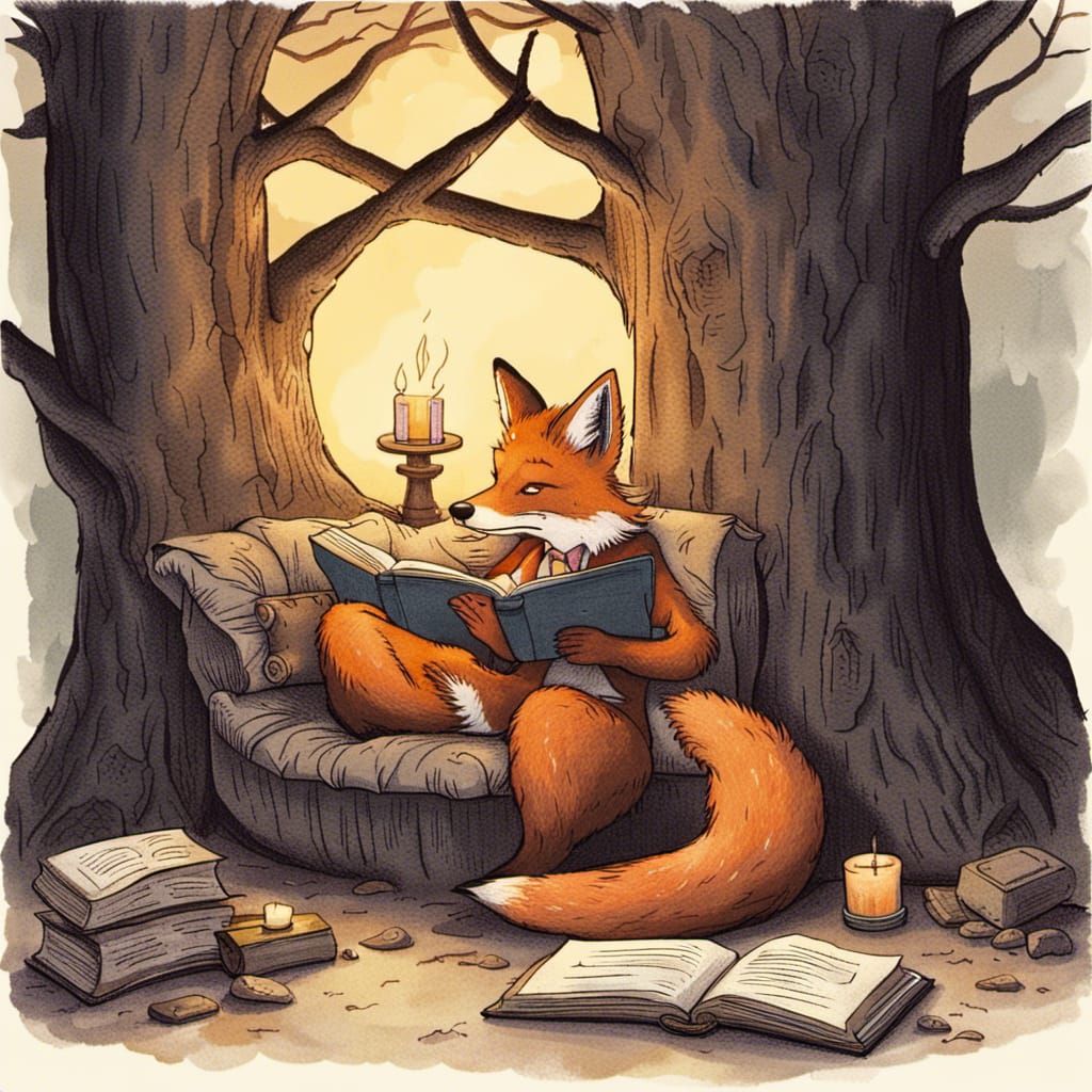 Classic fairytale anthropomorphic fox reading in a dim, cozy...
