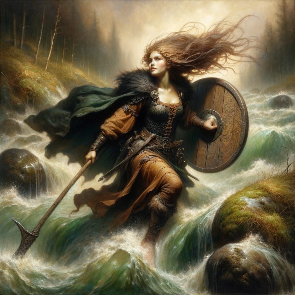 Norse Goddess Forging a Raging Stream, Oil on Canvas