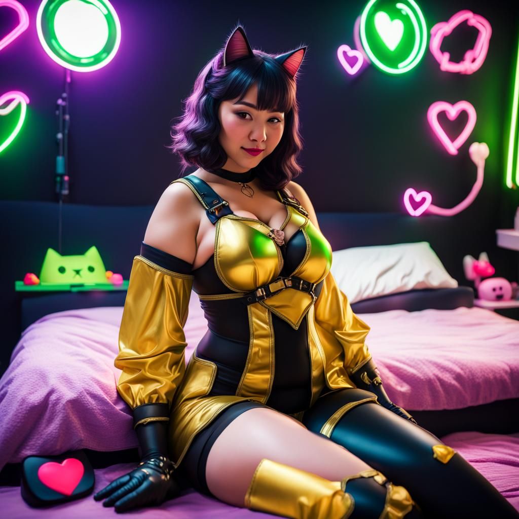E-Girl Cat Cosplay Live Stream in Neon Gamer Room