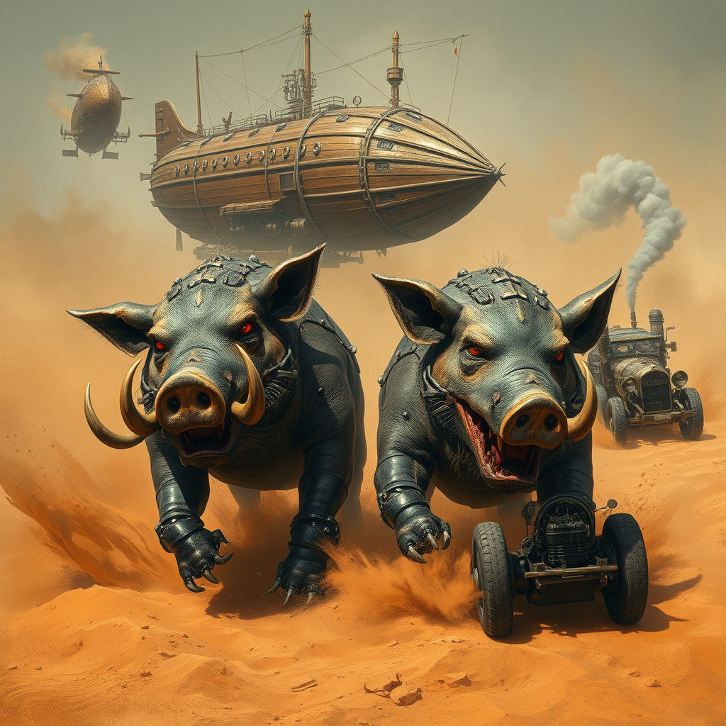 Cybernetic Warpigs Marauding Through Steampunk Wasteland